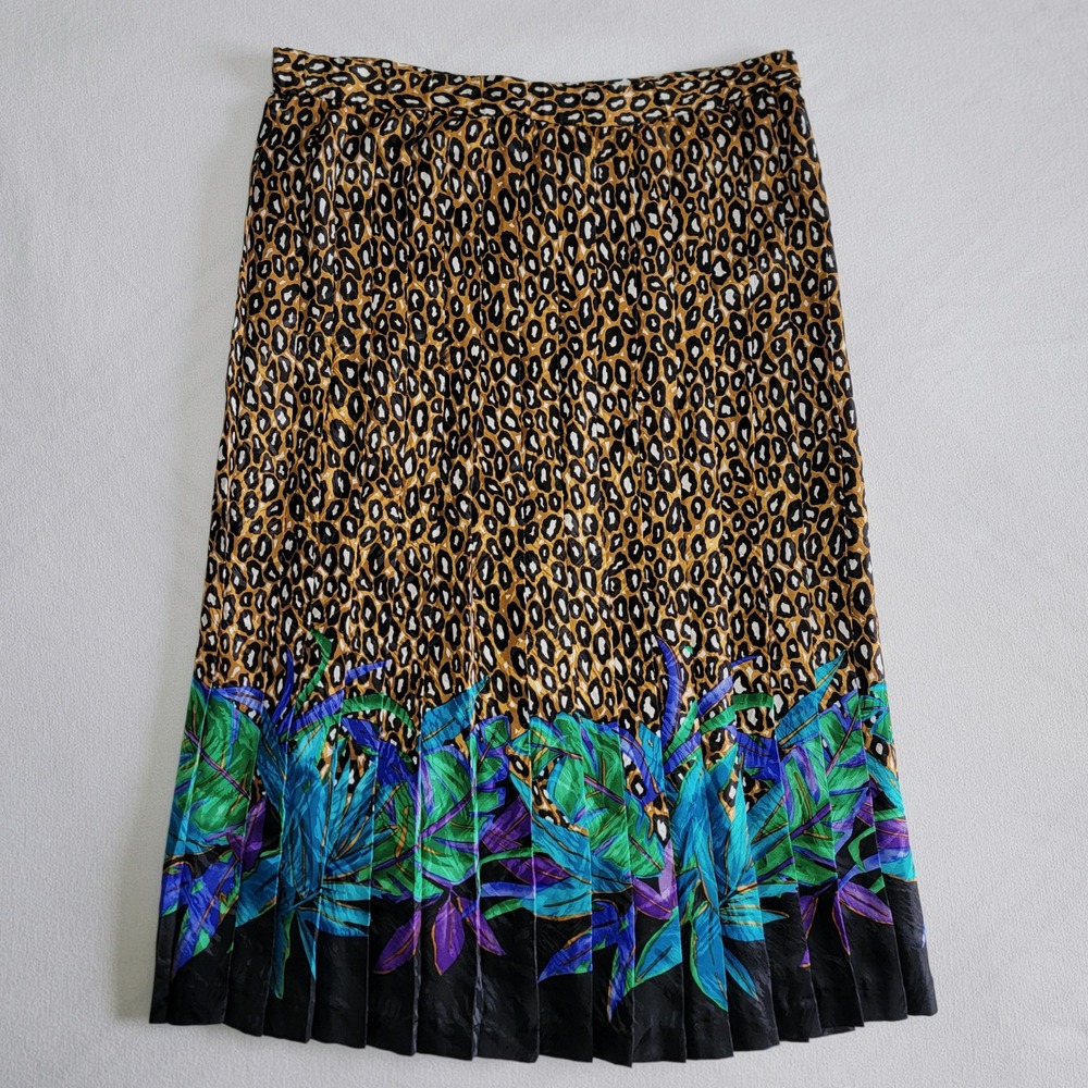 VTG 80s Adrianna Papell Silk Skirt Leopard Tropical Women L Eclectic